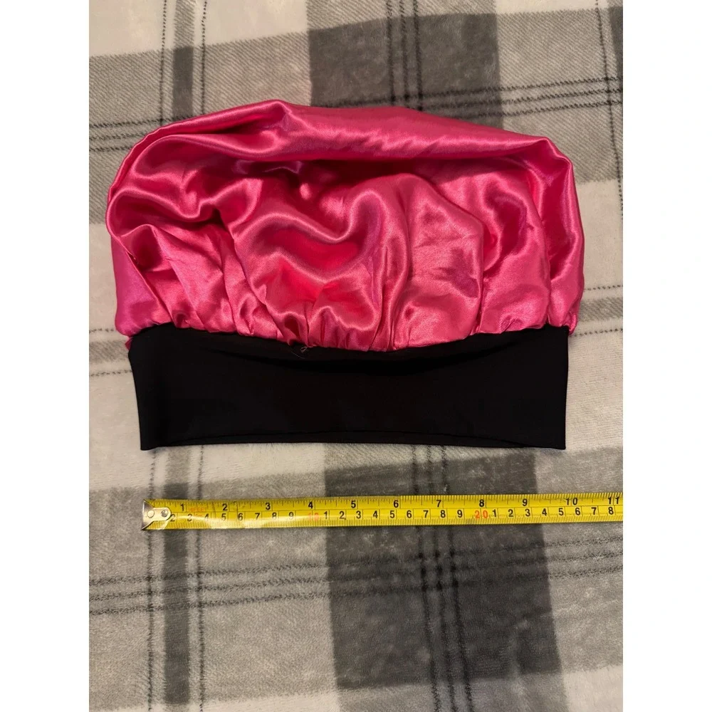 Womens Satin Hair Bonnet Reversible Black/Pink Sleep Cap Wide Elastic Band